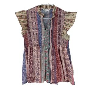 Davi & Dani Boho Patchwork Smocked Babydoll Flutter Sleeve Top Size S